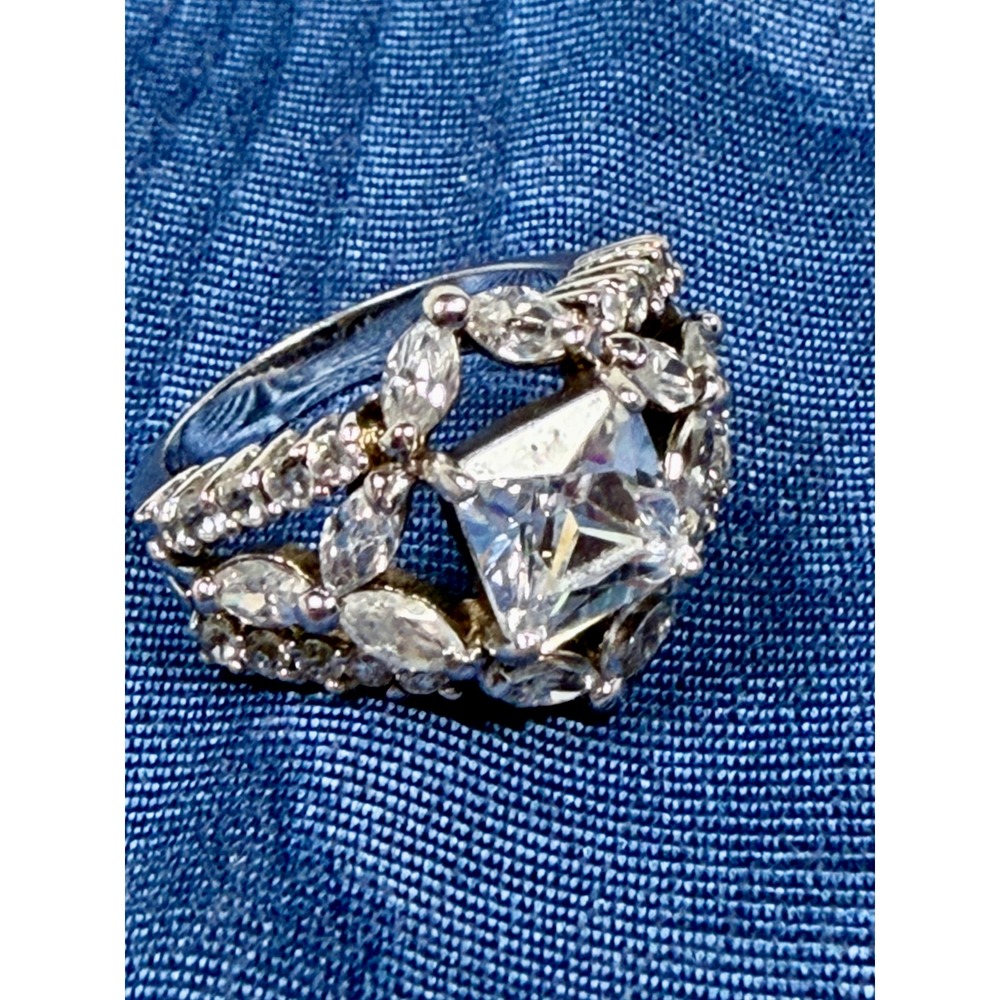 925 Sterling Silver Princess Cut Marquise CZ Statement Cocktail Ring Size 6 3/4
